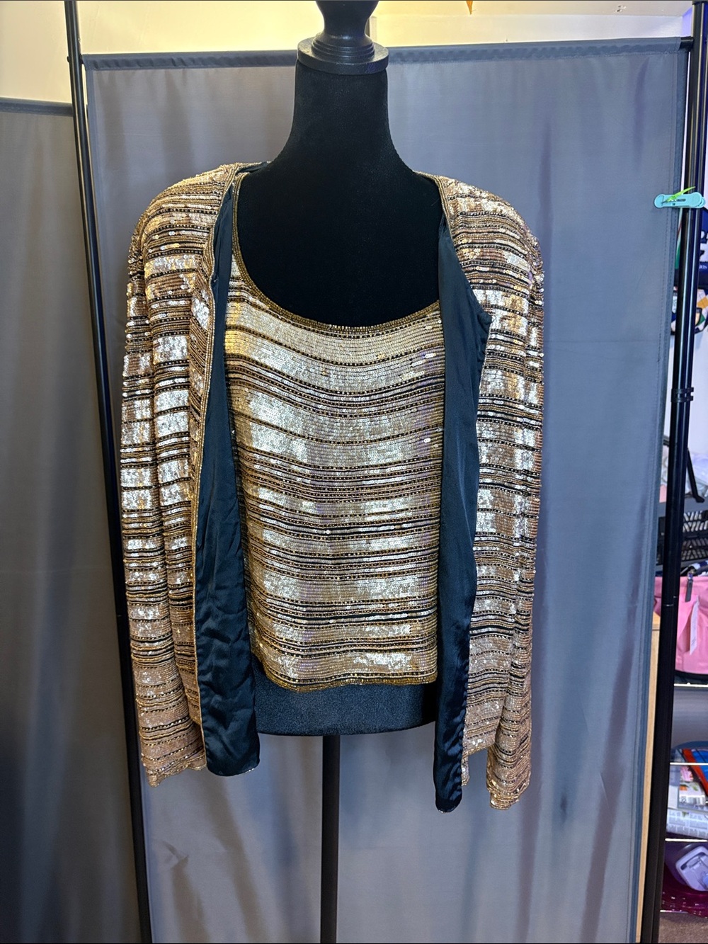 Sequined Gold & Black Striped Women's Sweater Shell Set